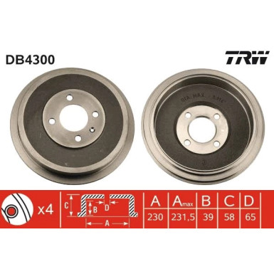 Bremstrommel. Vw T. Caddy/Seat Inca 1,4-1,9 95-04 | DB4300 Bremstrommel. Vw T. Caddy/Seat Inca 1,4-1,9 95-04 | DB4300