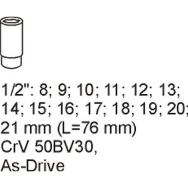 YT-5539 Steckschlüssel Lang 14-Tlg. 1/2 8-21mm In Schubladeneinlage