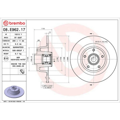 BREMBO Bremsscheibe 08.E962.17 PRIME LINE - With Bearing Kit
