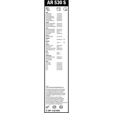 Scheibenwischer Aerotwin AR530S BOSCH | AUDI A4 RENAULT Kangoo VW Passat | 3397118903
