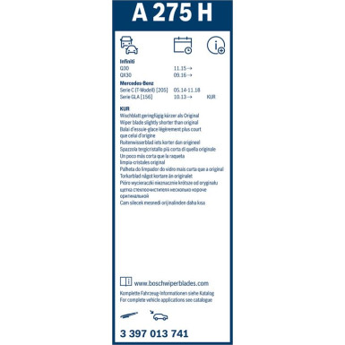 BOSCH | Heckscheibenwischer Aerotwin A275H | BMW 1er, Mercedes C, CLA,GLA | 3397013741