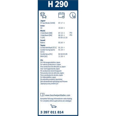BOSCH | Heckscheibenwischer H290 | Mazda 3/5, Toyota Corolla Verso | 3397011814