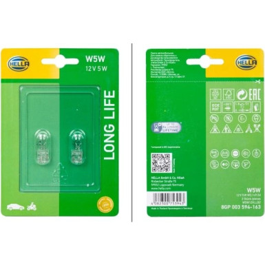 HELLA Glühlampe, Park-/Positionsleuchte 8GP 003 594-163 Long Life Up to 3x Longer Lifetime