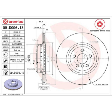 11 482 099 Brembo PREMIUM HA zweiteilig BMW 5, 6, 7 16 PRIME LINE - Composite 09.D096.13 11 482 099 Brembo PREMIUM HA zweiteilig BMW 5, 6, 7 16 PRIME LINE - Composite 09.D096.13