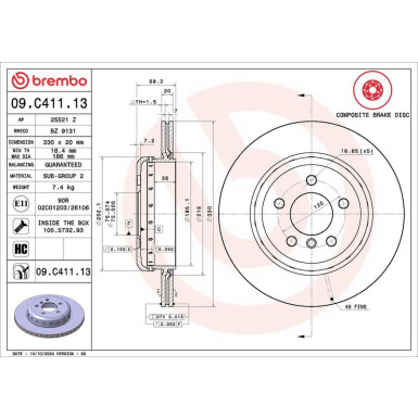 11 482 078 Brembo PREMIUM HA zweiteilig 09.C411.13 11 482 078 Brembo PREMIUM HA zweiteilig 09.C411.13