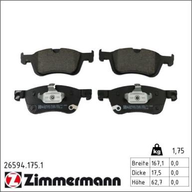 ZIMMERMANN Bremsbelagsatz, Scheibenbremse 26594.175.1 ZIMMERMANN Bremsbelagsatz, Scheibenbremse 26594.175.1