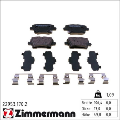 ZIMMERMANN Bremsbelagsatz, Scheibenbremse 22953.170.2 ZIMMERMANN Bremsbelagsatz, Scheibenbremse 22953.170.2