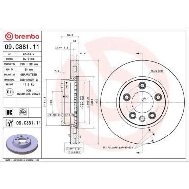 17 481 064 Bremsscheibe VA PORSCHE, VW Touareg 02 PRIME LINE - UV Coated 09.C881.11 17 481 064 Bremsscheibe VA PORSCHE, VW Touareg 02 PRIME LINE - UV Coated 09.C881.11