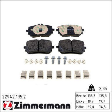 ZIMMERMANN Bremsbelagsatz, Scheibenbremse 22942.195.2 ZIMMERMANN Bremsbelagsatz, Scheibenbremse 22942.195.2