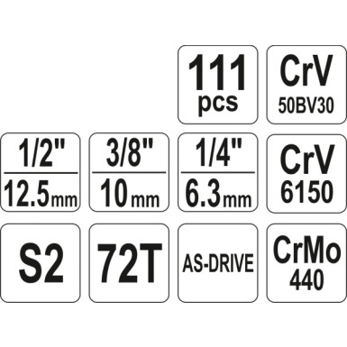 Steckschlüsselsatz Xl Typ2 1/2 + 3/8 + 1/4 111-Tlg YT-38831