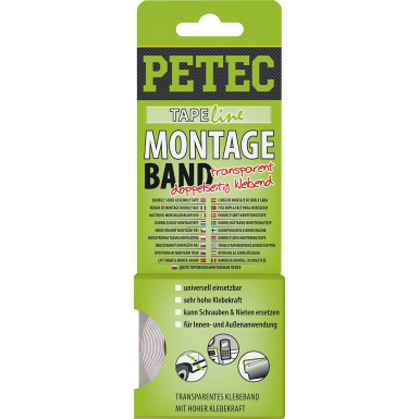 Petec Montageband Transparent 19 mm X 02 mm X 2 M SB-Karte Montageband transparent, doppelseitig klebend 87192 Petec Montageband Transparent 19 mm X 02 mm X 2 M SB-Karte Montageband transparent, doppelseitig klebend 87192