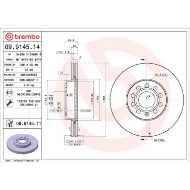 12 481 032 Bremsscheibe VA AUDI A3,VW Golf,Passat,SKODA 00 PRIME LINE - UV Coated 09.9145.11 12 481 032 Bremsscheibe VA AUDI A3,VW Golf,Passat,SKODA 00 PRIME LINE - UV Coated 09.9145.11