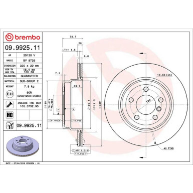 11 482 048 Bremsscheibe HA 09.9925.11 11 482 048 Bremsscheibe HA 09.9925.11