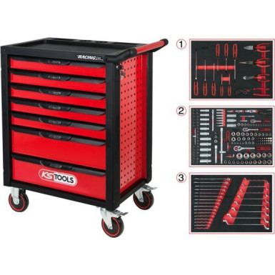 KS TOOLS RACINGline Werkstattwagen mit 7 Schubladen und 215-teiligem Werkzeugset Premium, SCHWARZ/ROT 826.7215