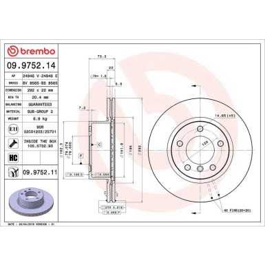 11 481 054 Bremsscheibe VA 09.9752.11 11 481 054 Bremsscheibe VA 09.9752.11