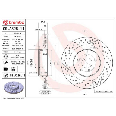 15 482 085 Bremsscheibe HA MERCEDES C-Klasse 07 PRIME LINE - UV Coated 09.A326.11 15 482 085 Bremsscheibe HA MERCEDES C-Klasse 07 PRIME LINE - UV Coated 09.A326.11