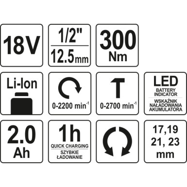 Akku-Schlagschrauber 18V 1/2 Max 300Nm 2200 1/Min Im Koffer Inkl. 1X2,0 Ah Li-Ion YT-82804