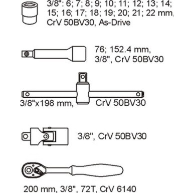 Knarrenkasten 3/8 6-22Mm 22-Tlg. In Schubladeneinlage YT-5542