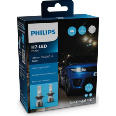 H7 12V 20W Ultinon Pro6000 Boost 5800K +300% mit Straßenzulassung 2 Stück Philips 11972U60BX2