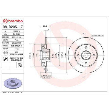Bremsscheibe HA CITROEN C3 OPEL Crossland PEUGEOT 208 17 PRIME LINE - With Bearing Kit 08.D205.17 Bremsscheibe HA CITROEN C3 OPEL Crossland PEUGEOT 208 17 PRIME LINE - With Bearing Kit 08.D205.17