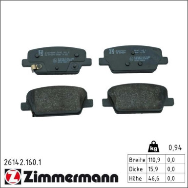 ZIMMERMANN Bremsbelagsatz, Scheibenbremse 26142.160.1 ZIMMERMANN Bremsbelagsatz, Scheibenbremse 26142.160.1