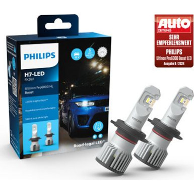 H7 12V 20W Ultinon Pro6000 Boost 5800K +300% mit Straßenzulassung 2 Stück Philips 11972U60BX2