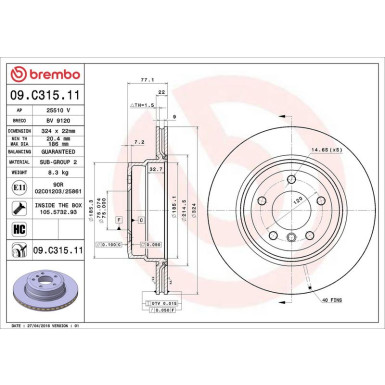 11 482 055 Bremsscheibe HA BMW E82 135i 07 PRIME LINE - UV Coated 09.C315.11