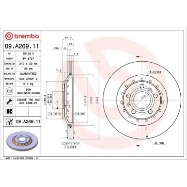 12 482 037 Bremsscheibe HA AUDI A8,VW Phaeton 02 PRIME LINE - UV Coated 09.A269.11 12 482 037 Bremsscheibe HA AUDI A8,VW Phaeton 02 PRIME LINE - UV Coated 09.A269.11
