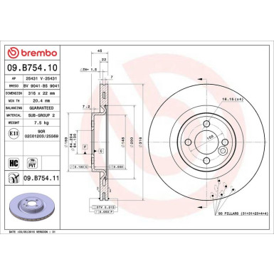 BREMBO Bremsscheibe 09.B754.11 PRIME LINE - UV Coated