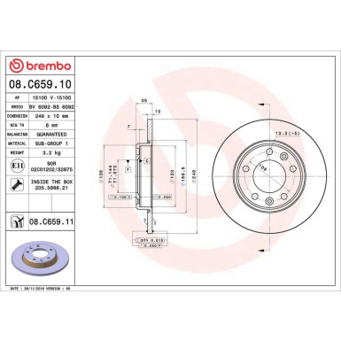71 482 019 Bremsscheibe HA PEUGEOT 308 13 PRIME LINE - UV Coated 08.C659.11