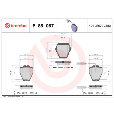 BREMBO Bremsklötze VA AUDI A4, A6 VW Passat 94-05 PRIME LINE P 85 067