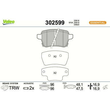 VALEO Bremsbeläge 302599