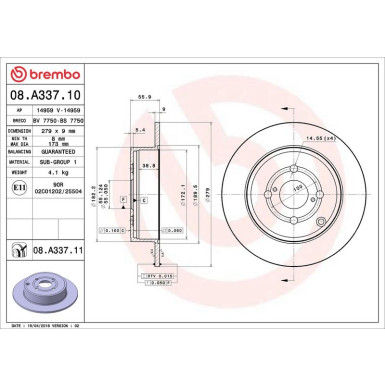 82 482 033 Bremsscheibe HA TOYOTA Corolla 02 PRIME LINE - UV Coated 08.A337.11
