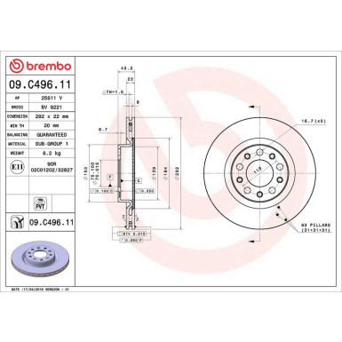 41 482 021 Bremsscheibe HA ALFA Giulia 15 PRIME LINE - UV Coated 09.C496.11