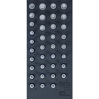 BGS Werkstattwageneinlage 1/3: Bit-Einsatz-Satz | Antrieb Innenvierkant 12,5 mm (1/2"""") | Innensechskant, T-Profil (für Torx), Innenvielzahn (für XZN), Keil-Profil (für RIBE) | 36-tlg | 4120