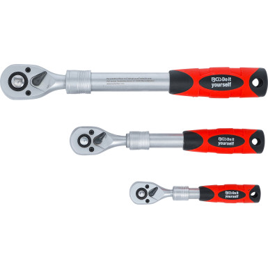 BGS Umschaltknarren-Satz | ausziehbar | Abtrieb Außenvierkant 6,3 mm (1/4"""") - 10 mm (3/8"""") - 12,5 mm (1/2"""") | 3-tlg | 72113