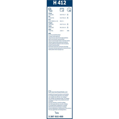 BOSCH | Heckscheibenwischer H412 | FIAT, FORD, PEUGEOT, TOYOTA, VOLVO | 3397015450