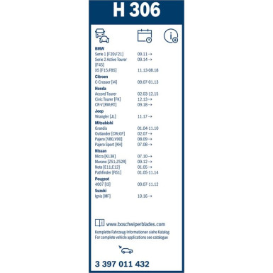 BOSCH | Wischerblatt H306 | BMW,Citroen,Honda,Nissan,Peugeot,Mitsubishi | 3397011432
