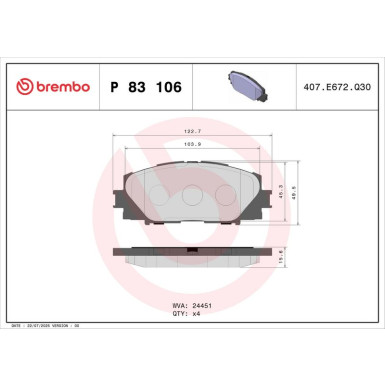 BREMBO Bremsklötze VA | LEXUS CT/TOYOTA Prius 09 | P 83 106 BREMBO Bremsklötze VA | LEXUS CT/TOYOTA Prius 09 | P 83 106