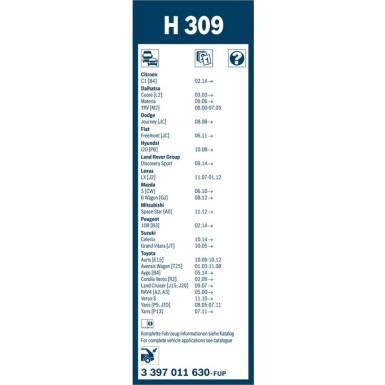 BOSCH | Wischerblatt H309 | TWIN-Stand.,Daihatsu Cuore,Materia | 3397011630