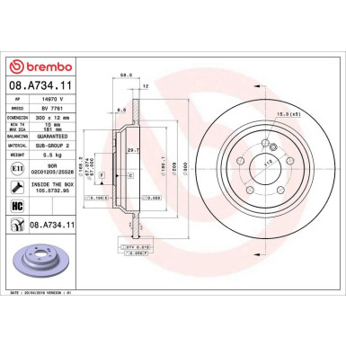 15 482 036 Bremsscheibe HA MERCEDES W221,R230 05 PRIME LINE - UV Coated 08.A734.11