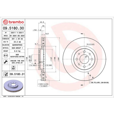 41 481 024 Bremsscheibe VA ALFA MiTo,FIAT Bravo,Stilo 01 PRIME LINE - UV Coated 09.5180.31