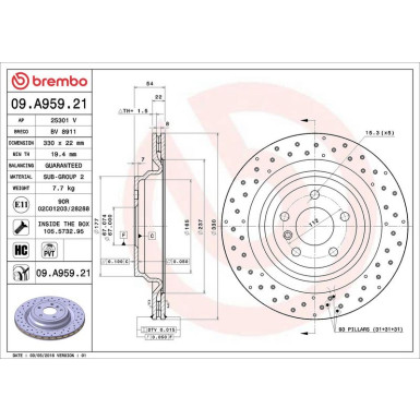 15 482 077 Bremsscheibe HA MERCEDES M-Klasse 11 PRIME LINE - UV Coated 09.A959.21 15 482 077 Bremsscheibe HA MERCEDES M-Klasse 11 PRIME LINE - UV Coated 09.A959.21