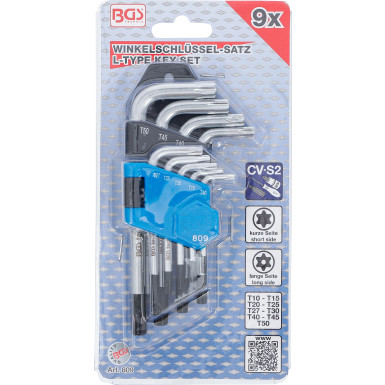 BGS Winkelschlüssel-Satz | kurz | T-Profil (für Torx) mit Bohrung T10 - T50 | 9-tlg | 809