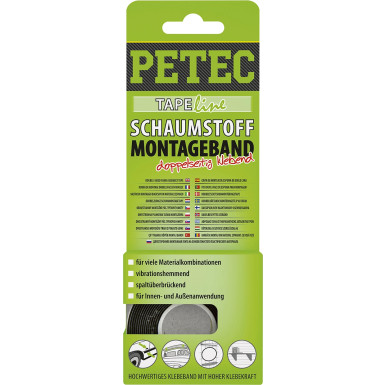 Petec Montageband Schwarz 12 mm X 1 mm X 2 M SB-Karte Schaumstoff-Montageband schwarz doppelseitig klebend 87122