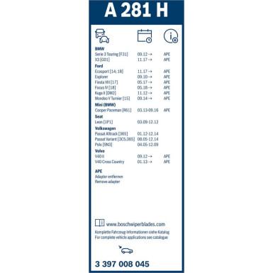 BOSCH | Scheibenwischer Aerotwin A281H | VW Polo, Passat | 3397008045