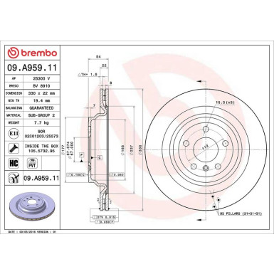 15 482 075 Bremsscheibe HA MERCEDES M-Klasse 11 PRIME LINE - UV Coated 09.A959.11 15 482 075 Bremsscheibe HA MERCEDES M-Klasse 11 PRIME LINE - UV Coated 09.A959.11