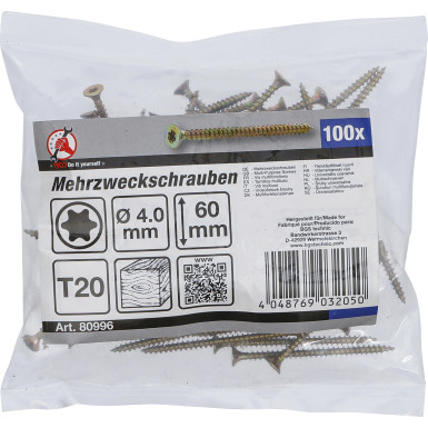 BGS Mehrzweckschrauben | T-Profil (für Torx) T20 | 4,0 x 60 mm | 100 Stück | 80996