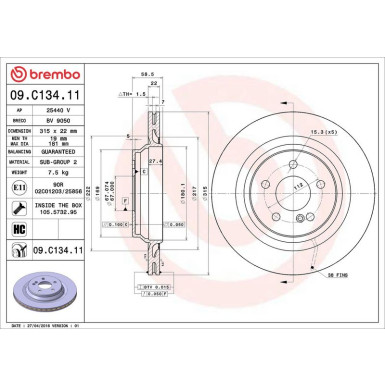 15 482 027 Bremsscheibe HA | MERCEDES W220 99 | 09.C134.11