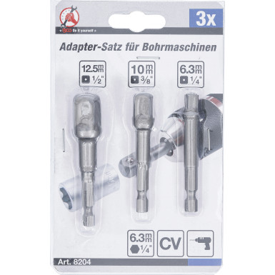 BGS Adapter-Satz für Bohrmaschinen Antrieb Außensechskant 6,3 mm (1/4 ) Abtrieb Außenvierkant 6,3 mm (1/4 ) / 10 mm (3/8 ) / 12,5 mm (1/2 ) 3-tlg BGS Do it yourself 8204